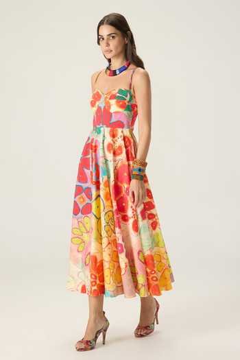 Buy_Saaksha & Kinni_Multi Color Cotton Sweetheart Neck Marilyn Floral Print Dress _Online_at_Aza_Fashions