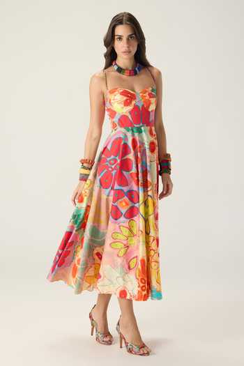 Saaksha & Kinni_Multi Color Cotton Sweetheart Neck Marilyn Floral Print Dress _at_Aza_Fashions