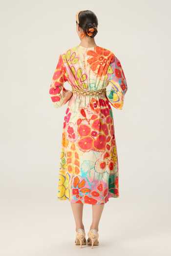 Shop_Saaksha & Kinni_Multi Color Cotton Round Neck Madison Floral Print Midi Dress _at_Aza_Fashions