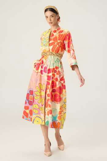 Buy_Saaksha & Kinni_Multi Color Cotton Round Neck Madison Floral Print Midi Dress _at_Aza_Fashions