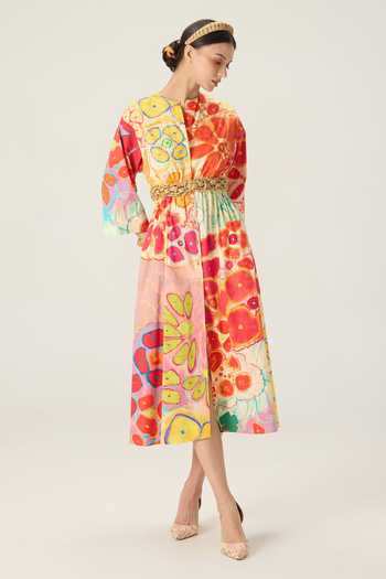 Buy_Saaksha & Kinni_Multi Color Cotton Round Neck Madison Floral Print Midi Dress _Online_at_Aza_Fashions