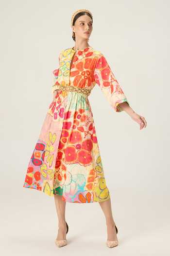 Shop_Saaksha & Kinni_Multi Color Cotton Round Neck Madison Floral Print Midi Dress _Online_at_Aza_Fashions