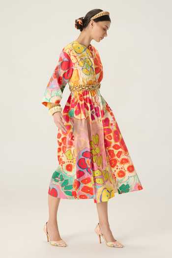 Saaksha & Kinni_Multi Color Cotton Round Neck Madison Floral Print Midi Dress _at_Aza_Fashions
