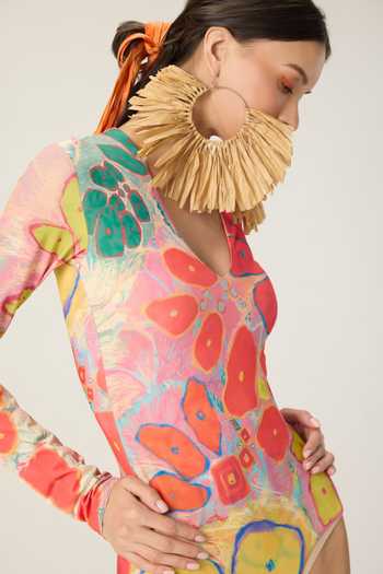Shop_Saaksha & Kinni_Multi Color Jersey Plunge Neck Kenzie Floral Print Bodysuit _Online_at_Aza_Fashions