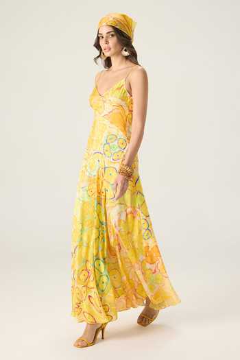 Buy_Saaksha & Kinni_Yellow Chiffon V-neck Gwen Floral Print Dress _Online_at_Aza_Fashions