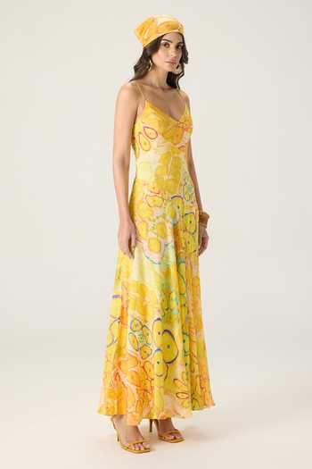 Shop_Saaksha & Kinni_Yellow Chiffon V-neck Gwen Floral Print Dress _Online_at_Aza_Fashions