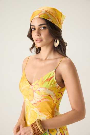 Saaksha & Kinni_Yellow Chiffon V-neck Gwen Floral Print Dress _at_Aza_Fashions
