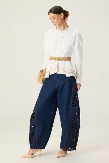 Saaksha & Kinni_White Cotton Round Neck Logan Embroidered Peplum Top _Online_at_Aza_Fashions