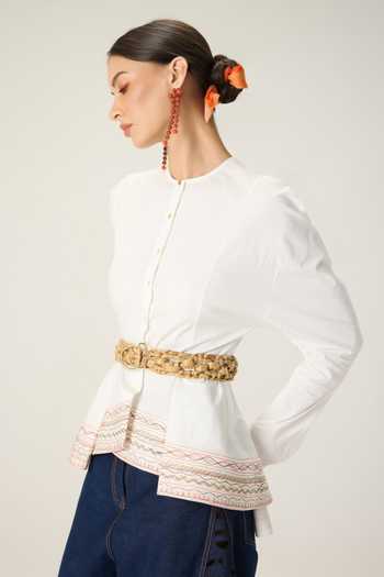 Buy_Saaksha & Kinni_White Cotton Round Neck Logan Embroidered Peplum Top _at_Aza_Fashions