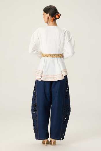 Shop_Saaksha & Kinni_White Cotton Round Neck Logan Embroidered Peplum Top _at_Aza_Fashions
