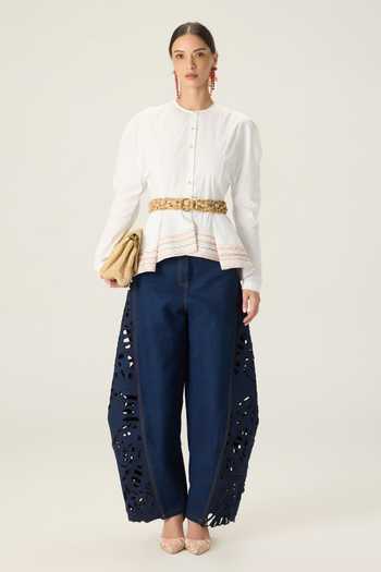Buy_Saaksha & Kinni_White Cotton Round Neck Logan Embroidered Peplum Top _Online_at_Aza_Fashions