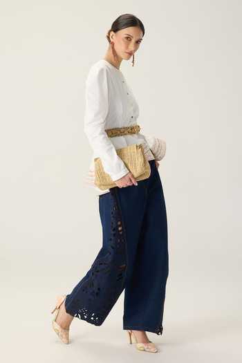 Shop_Saaksha & Kinni_White Cotton Round Neck Logan Embroidered Peplum Top _Online_at_Aza_Fashions