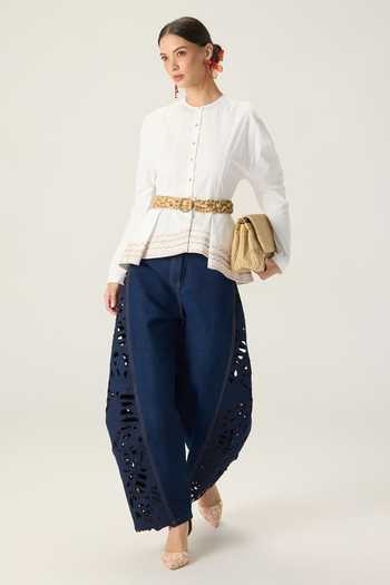 Saaksha & Kinni_White Cotton Round Neck Logan Embroidered Peplum Top _at_Aza_Fashions