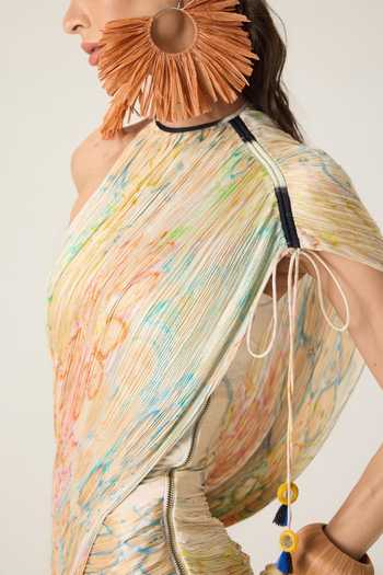 Saaksha & Kinni_Multi Color Chiffon, Jersey Halter Neck, One Della Floral Print Pleated Dress _Online