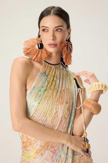 Buy_Saaksha & Kinni_Multi Color Chiffon, Jersey Halter Neck, One Della Floral Print Pleated Dress _Online