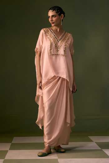 Prahnaaya_Peach Organza, Satin V-neck Placement Embroidered Top And Wrap Skirt Set _Online_at_Aza_Fashions