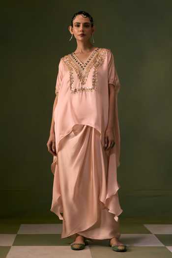 Buy_Prahnaaya_Peach Organza, Satin V-neck Placement Embroidered Top And Wrap Skirt Set _Online_at_Aza_Fashions