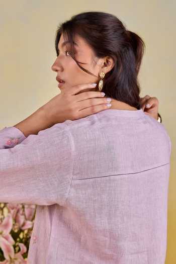 Buy_Kapaas_Purple Linen Round Neck Mauve Meadow Embroidered Kurta And Pant Set 