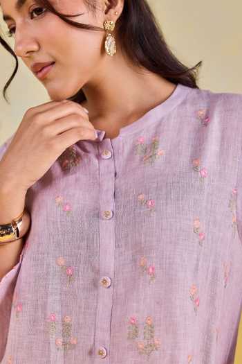 Shop_Kapaas_Purple Linen Round Neck Mauve Meadow Embroidered Kurta And Pant Set 