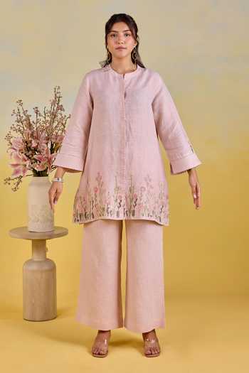 Kapaas_Pink Linen Round Neck Garden Embroidered Shirt And Pant Set _Online_at_Aza_Fashions