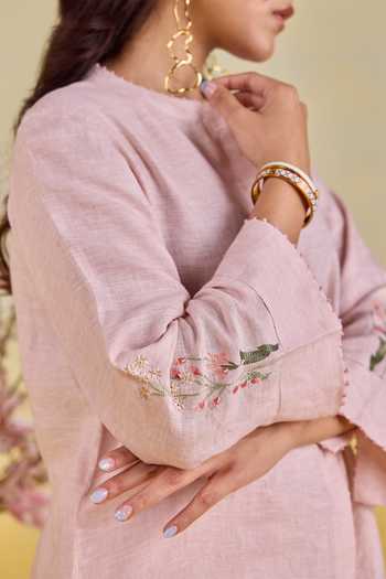 Kapaas_Pink Linen Round Neck Garden Embroidered Shirt And Pant Set _Online