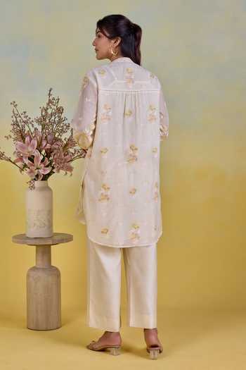Shop_Kapaas_Yellow Chanderi, Silk Mandarin Collar Floral Embroidered Shirt And Pant Set _at_Aza_Fashions