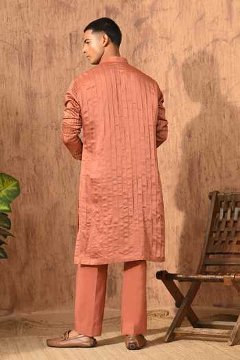 Shop_Sulakshna Jasra_Rust Chanderi Embroidered Kurta And Pyjama Set _at_Aza_Fashions