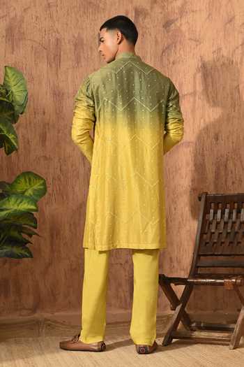 Shop_Sulakshna Jasra_Green Silk, Cotton, Viscose Embroidered Kurta And Pyjama Set _at_Aza_Fashions