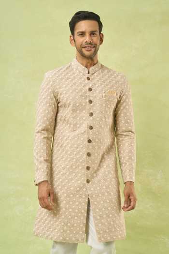 Buy_Arihant Rai Sinha_Cream Linen, Polyester, Viscose Embroidery Floral Woven Sherwani And Polo Pant Set _at_Aza_Fashions