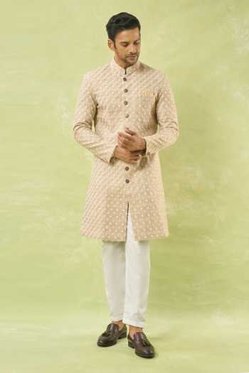 Buy_Arihant Rai Sinha_Cream Linen, Polyester, Viscose Embroidery Floral Woven Sherwani And Polo Pant Set 