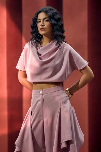 House Of Fett_Pink Polyester Cowl Neck Berry Mersin Top And Pant Co-ord Set _Online_at_Aza_Fashions