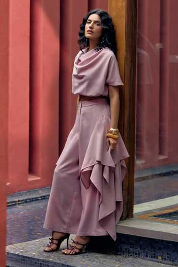 Shop_House Of Fett_Pink Polyester Cowl Neck Berry Mersin Top And Pant Co-ord Set _at_Aza_Fashions