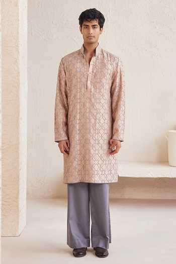 Buy_Jorah Men_Peach Chanderi, Cotton Hand Embroidered Kurta Set _at_Aza_Fashions