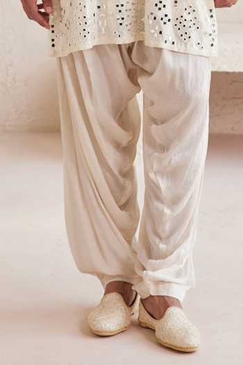 Jorah Men_Ivory Viscose, Dupion, Satin Mirror Work Kurta Set _Online_at_Aza_Fashions
