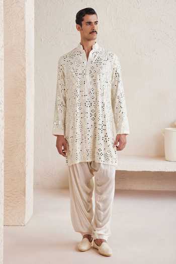 Buy_Jorah Men_Ivory Viscose, Dupion, Satin Mirror Work Kurta Set _at_Aza_Fashions