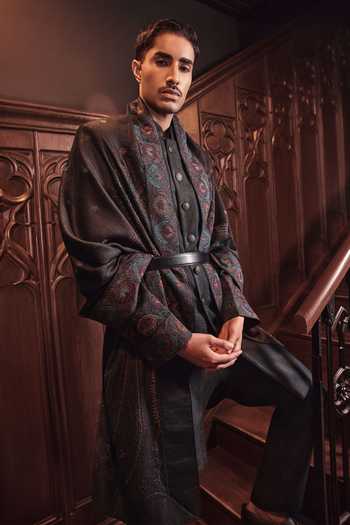 Jorah Men_Black Pashmina, Satin, Cotton Jacket And Kurta Set _Online