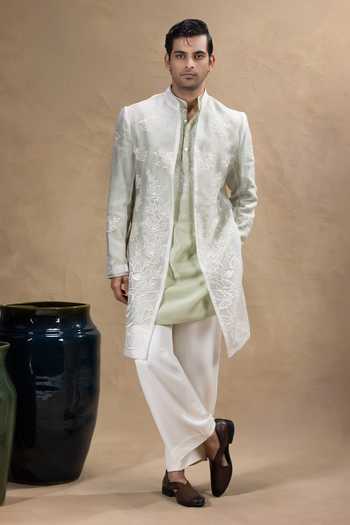 Buy_Jorah Men_Ivory Organza, Chanderi, Twill Embroidered Jacket And Kurta Set _at_Aza_Fashions