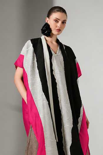 Shop_Stoique_Multicolor Silk V-neck Anchor Crushed Oversized Kaftan _Online_at_Aza_Fashions