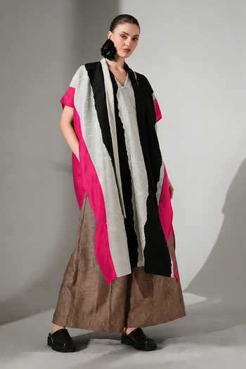 Stoique_Multicolor Silk V-neck Anchor Crushed Oversized Kaftan _at_Aza_Fashions