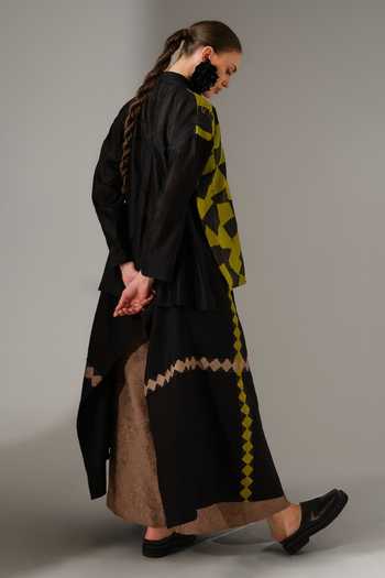 Shop_Stoique_Green Silk, Chanderi Collared Neck Drift Patchwork Shirt _at_Aza_Fashions