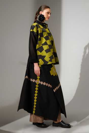 Shop_Stoique_Green Silk, Chanderi Collared Neck Drift Patchwork Shirt _Online_at_Aza_Fashions