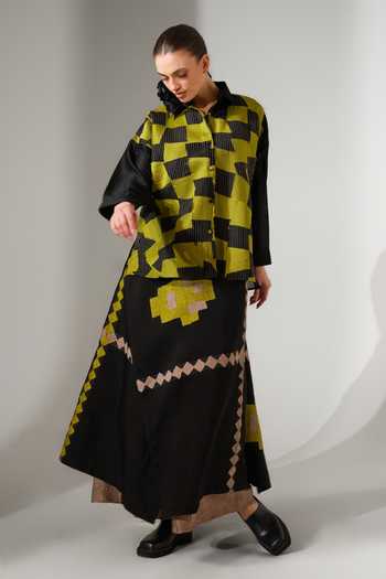 Stoique_Green Silk, Chanderi Collared Neck Drift Patchwork Shirt _at_Aza_Fashions