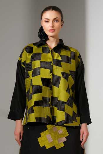 Buy_Stoique_Green Silk, Chanderi Collared Neck Drift Patchwork Shirt 