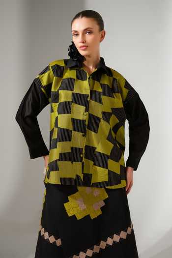 Buy_Stoique_Green Silk, Chanderi Collared Neck Drift Patchwork Shirt _at_Aza_Fashions