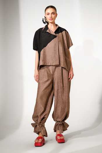 Stoique_Brown Silk Collared Neck Emerge Crushed Oversized Shirt _Online_at_Aza_Fashions