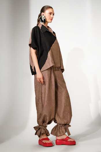 Buy_Stoique_Brown Silk Collared Neck Emerge Crushed Oversized Shirt _Online_at_Aza_Fashions