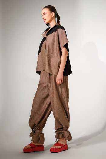 Shop_Stoique_Brown Silk Collared Neck Emerge Crushed Oversized Shirt _Online_at_Aza_Fashions
