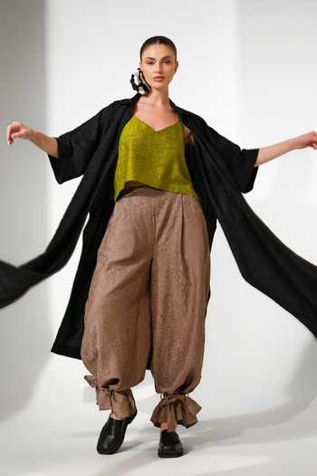 Stoique_Brown Silk Grain Crushed Draped Pant _at_Aza_Fashions
