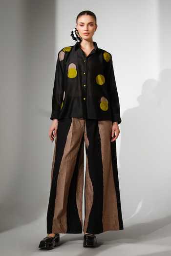 Shop_Stoique_Black Silk, Chanderi Collared Neck Halo Applique Shirt _at_Aza_Fashions