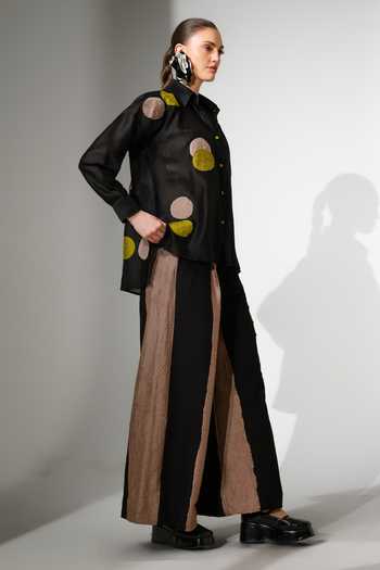 Stoique_Black Silk, Chanderi Collared Neck Halo Applique Shirt _Online_at_Aza_Fashions